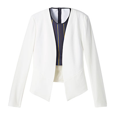 It's time to invest in a light-weight white blazer this spring for your travels! Collarless Blazer, $34.99, marshallscanada.ca
